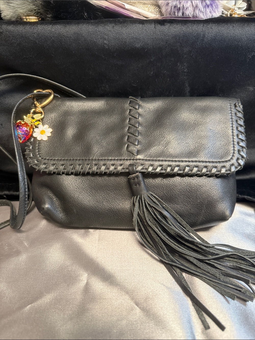 HOBO Black Leather Fringe Crossbody Bag